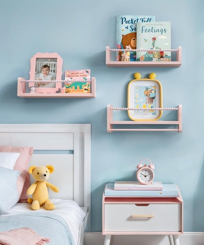 Maxpeuvon Nursery Book Shelves, Set of 3 Kids Bookshelves Natural Wood Wall Mount Organizer with Towel Bar Hanging Nursery Decor for Kids Room, Playroom, Bedroom and Kitchen, Pink