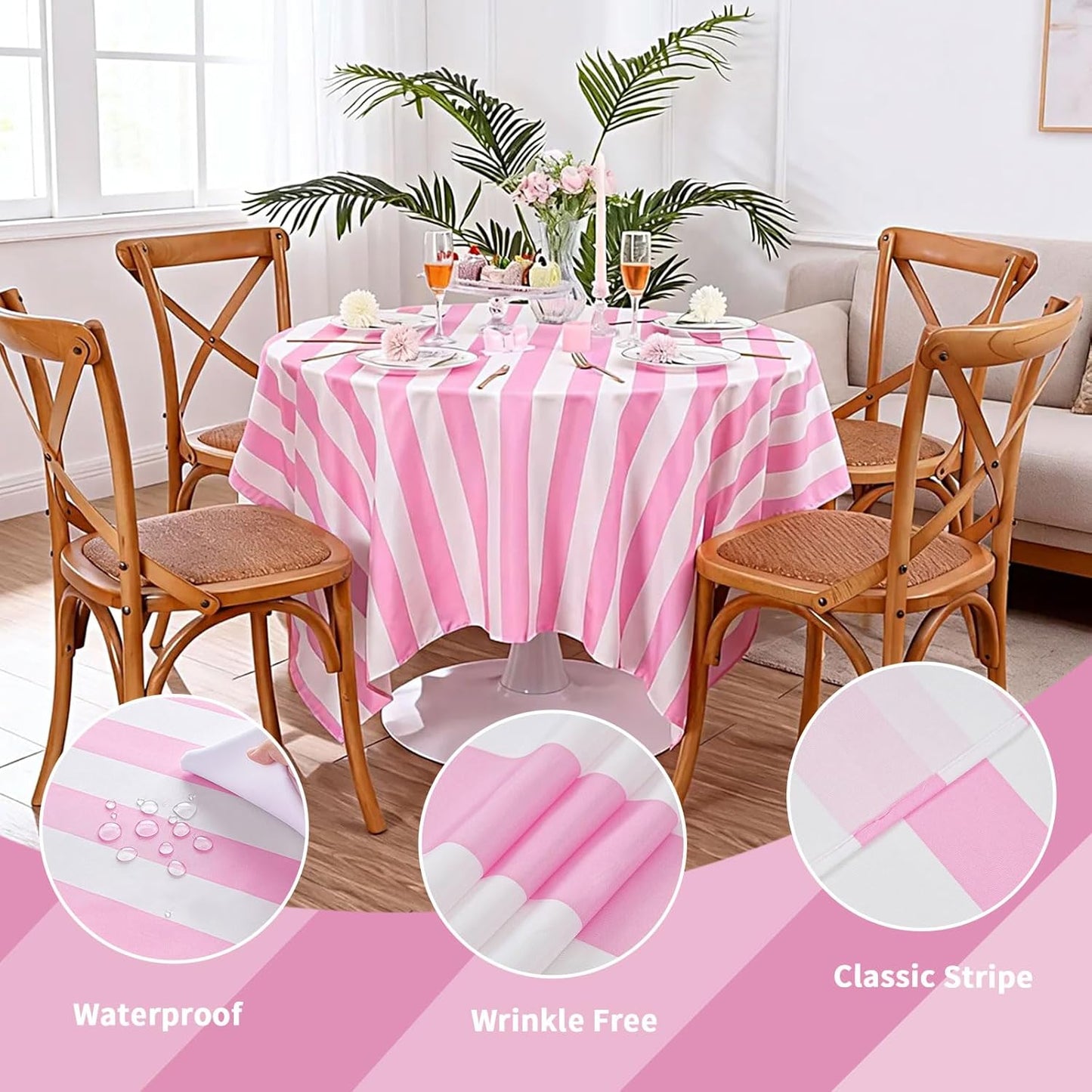 Pink and White Striped Tablecloth Valentines Day Table Cloth - 57 x 120 Inch Waterproof Tablecloth Rectangle Polyester Table Cover for Birthday Wedding Bridal Shower Banquet Valentine Party Decoration