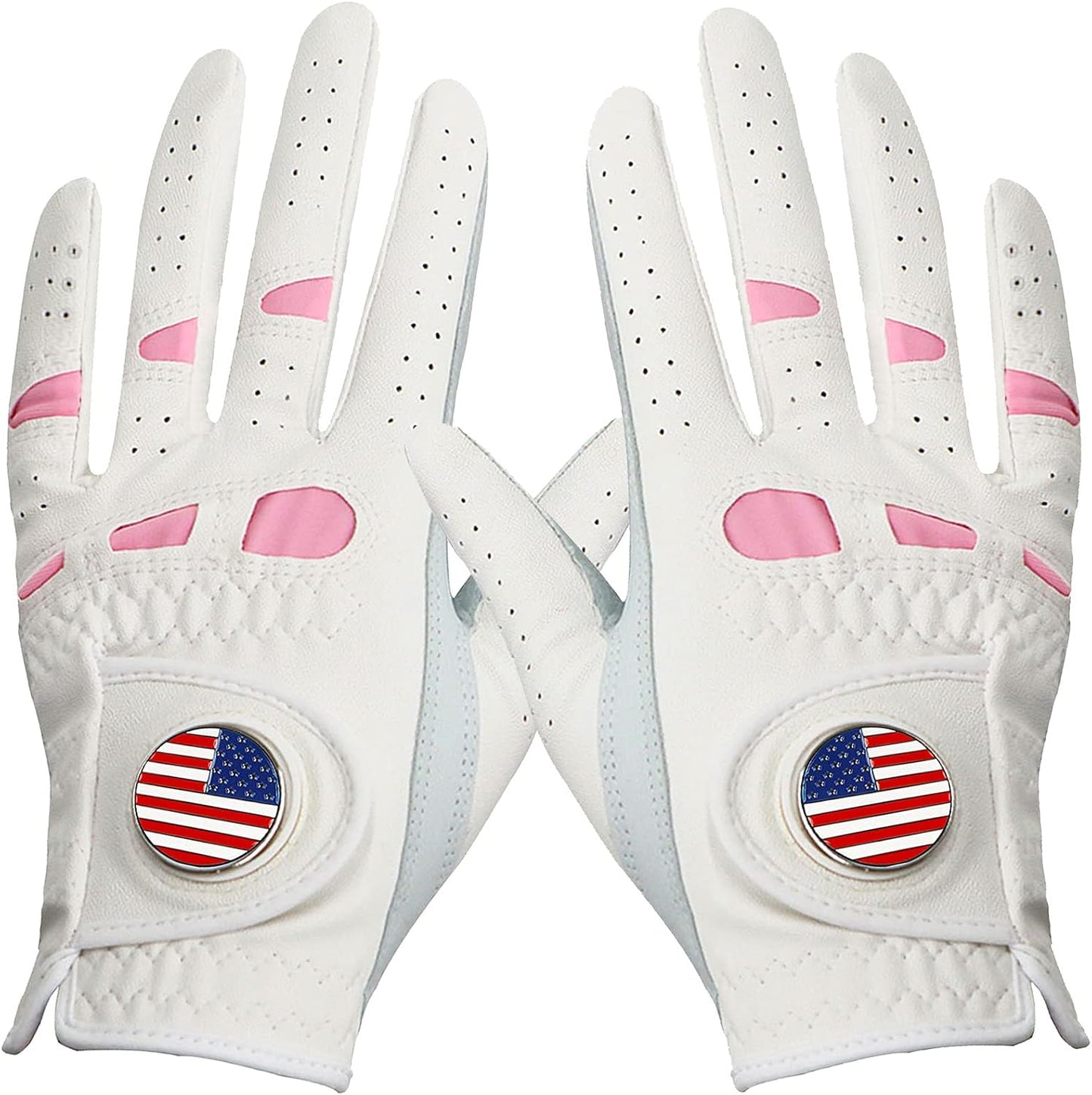 Amy Sport Women's Golf Gloves Left Hand Right with Ball Marker Value 2 Pack, All Weather Grip Rain Soft Leather Pink Size Small Medium Large XL