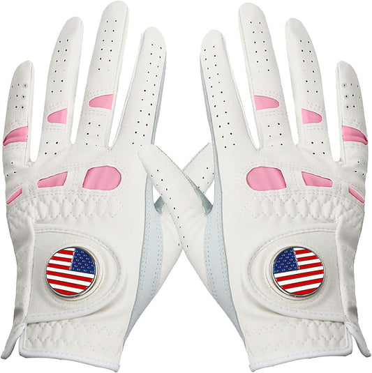 Amy Sport Women's Golf Gloves Left Hand Right with Ball Marker Value 2 Pack, All Weather Grip Rain Soft Leather Pink Size Small Medium Large XL