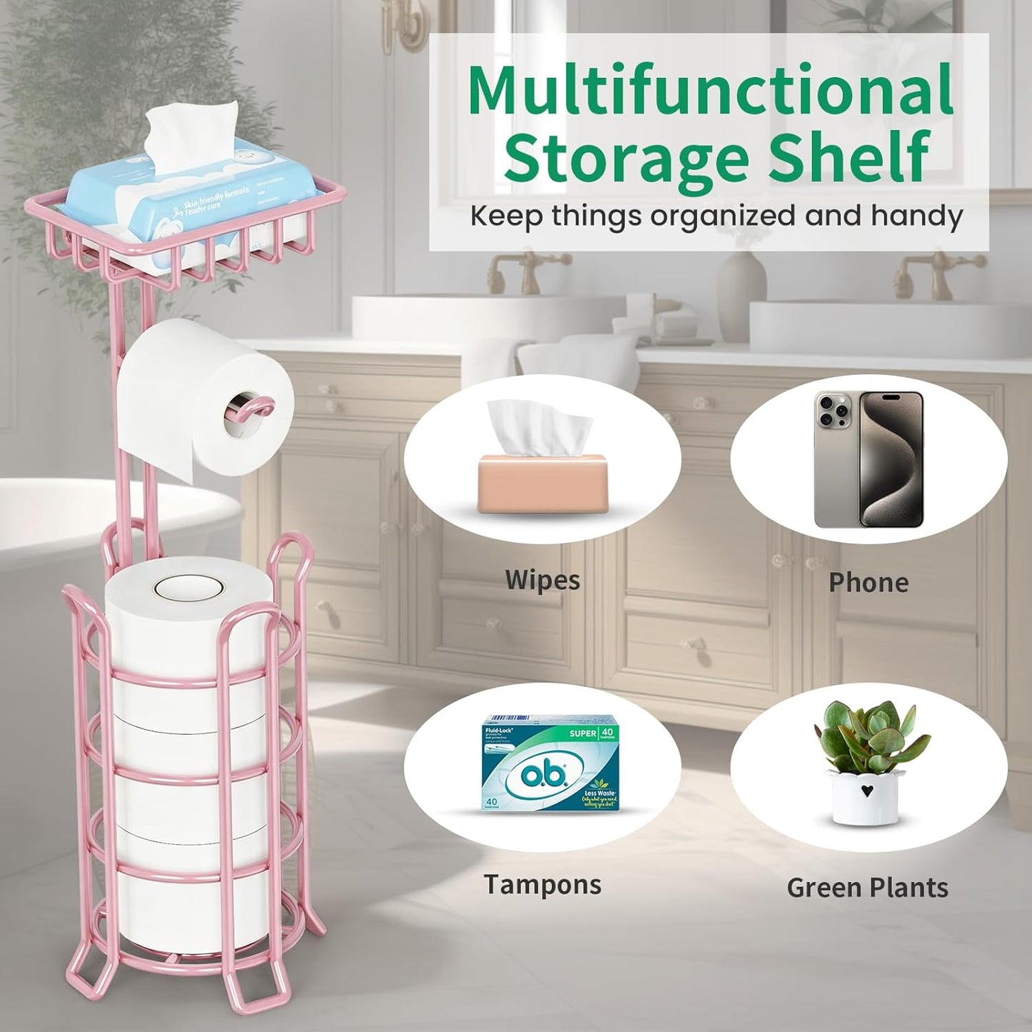 TomCare Toilet Paper Holder Stand with Storage Shelf Tissue Paper Roll Dispenser Free Standing 4 Raised Feet Toilet Paper Storage Metal Bathroom Organizers and Storage, Pink