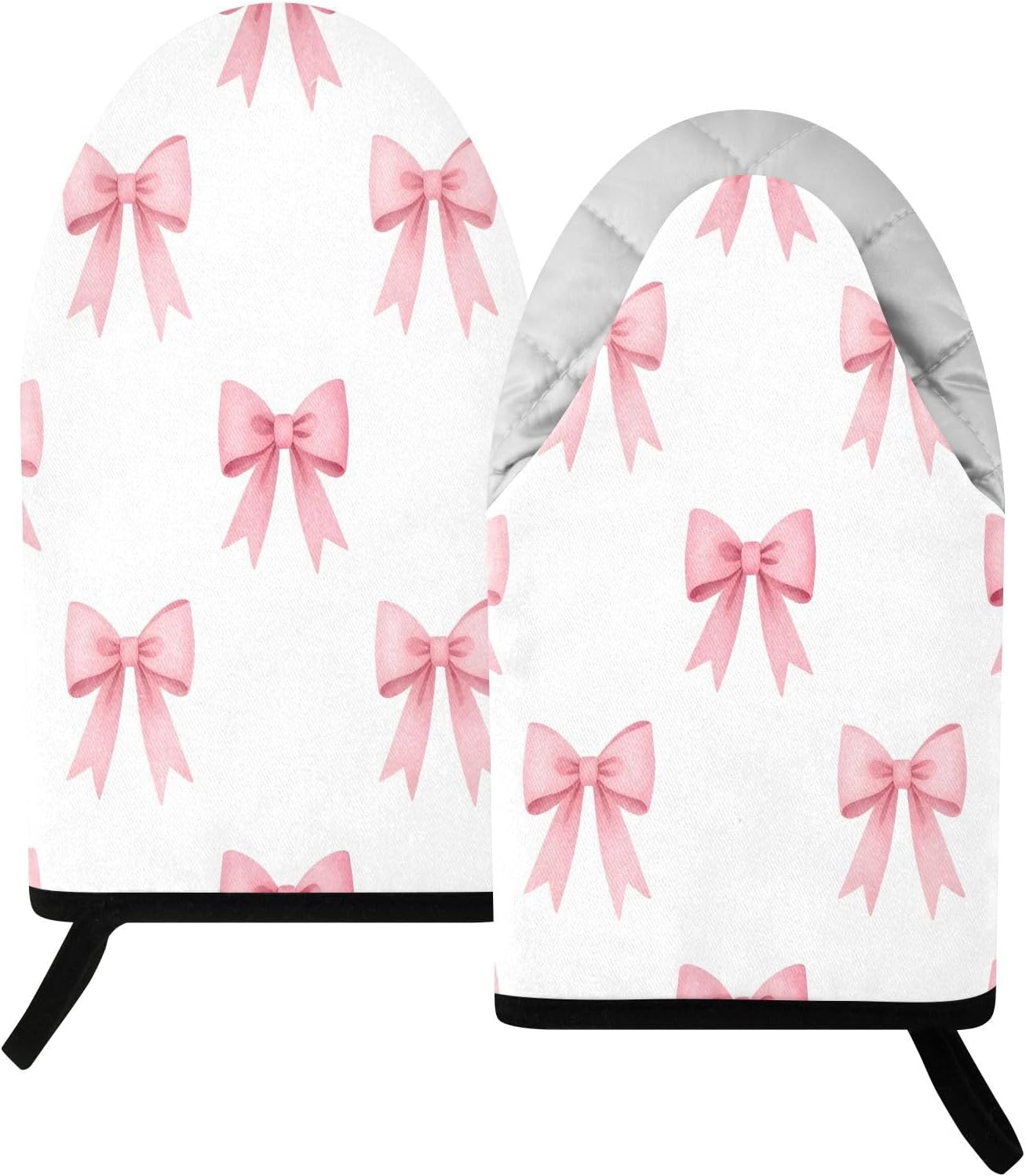 Pink Bows Ribbons Non-Slip Oven Mitts Set Heat Resistant Kitchen Gloves with Quilted Liner Cotton Machine Washable with Hanging Loop for Baking Grilling BBQ