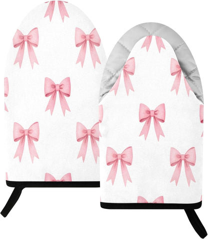 Pink Bows Ribbons Non-Slip Oven Mitts Set Heat Resistant Kitchen Gloves with Quilted Liner Cotton Machine Washable with Hanging Loop for Baking Grilling BBQ