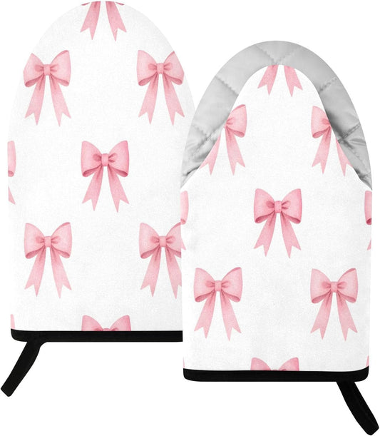 Pink Bows Ribbons Non-Slip Oven Mitts Set Heat Resistant Kitchen Gloves with Quilted Liner Cotton Machine Washable with Hanging Loop for Baking Grilling BBQ