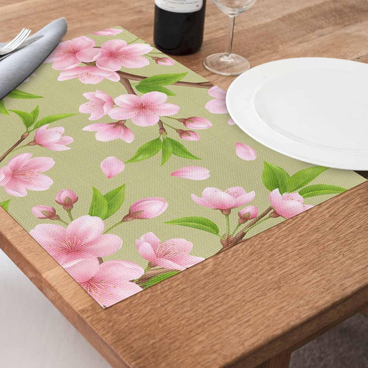 Pink Peach Flowers Placemats Set of 4, Washable PVC Kitchen Table Mats Place Mats, Spring Botanical Watercolor Floral Green Woven Vinyl Placemat for Dining Table, 13" x 19"