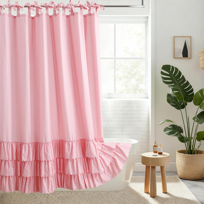 Boho Pink Ruffle Shower Curtains,Waterproof Microfiber Fabric Bow-Tie Decorative Bath Curtains for Bathroom,72" W x 72" H