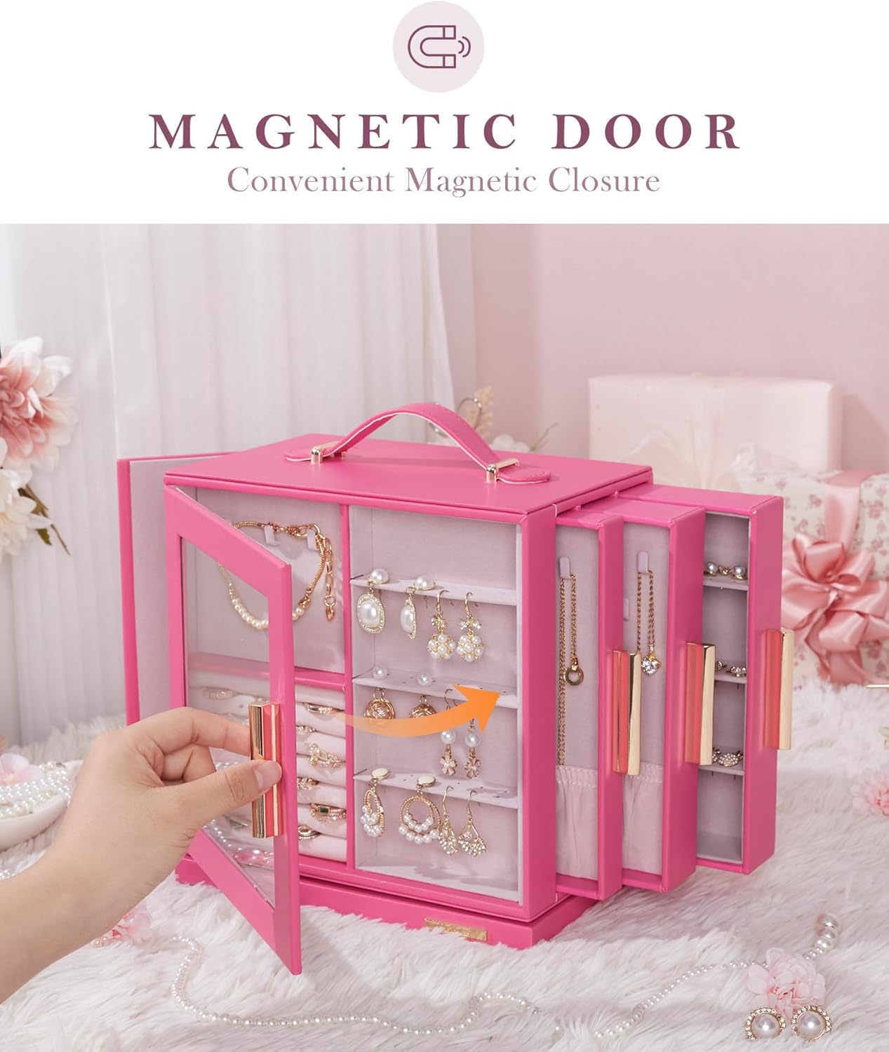 Homde Jewelry Box 360° Rotating, Necklace Earring Organizer with Transparent Window, Mirror, 7 Drawers, Large Ring Display Storage Case for Girls Women (Pink)
