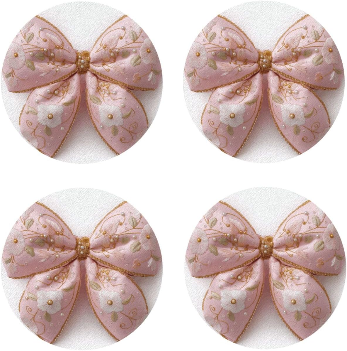 Light Pastel Pink Bow Balloon Embroidered Floral Drinks Coasters Set of 4 Leather Drink Coasters for Tabletop Protection Heat Resistant Bar Cup Mat Pad