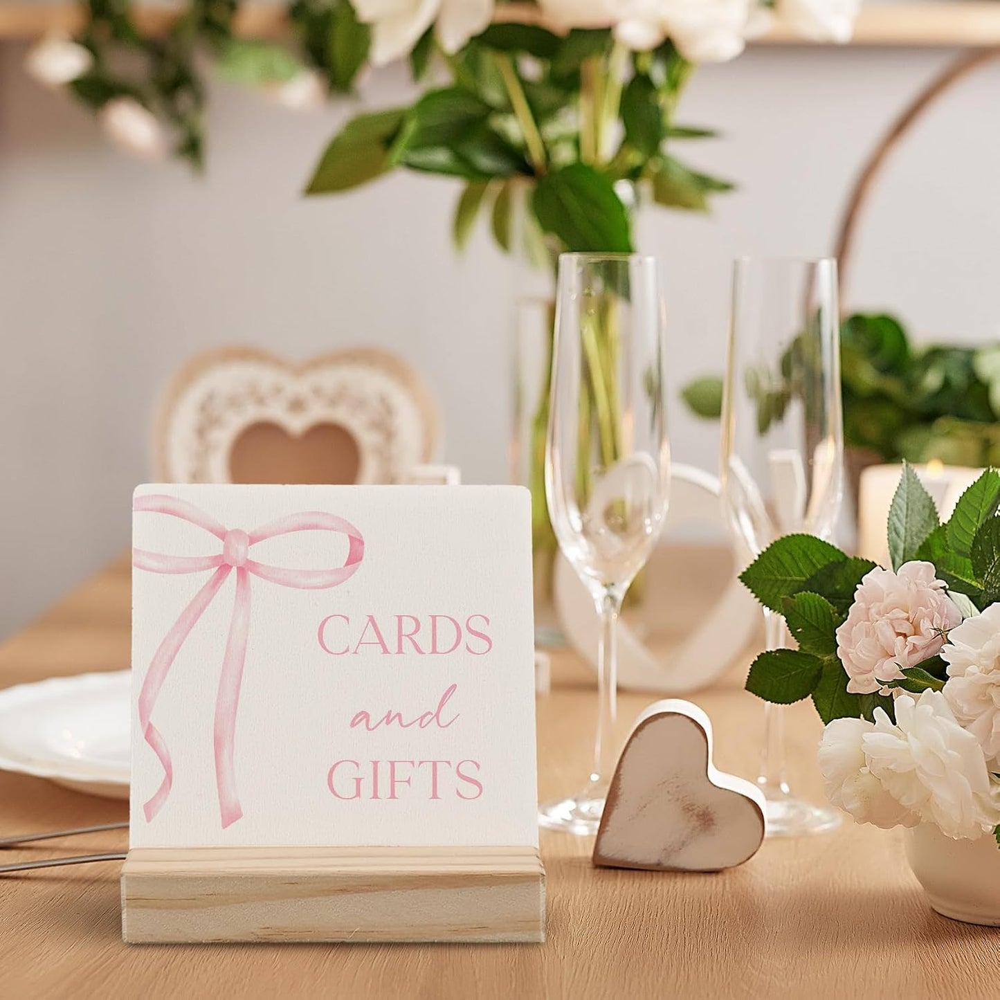 Coquette Pink Bow Cards and Gifts Sign, Gift Table Sign Wood Plaque, Bridal Shower Signs for Ceremony and Reception Wooden Plaque with Wood Stand for Wedding Reception Decorations, 4x4 Inch