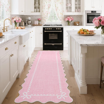 GarveeHome Scalloped Bow Rug for Living Room, Solid Pink Rug for Dorm, Washable Runner Rugs 2x6 Soft Low Pile Non Slip Scalloped Rugs for Nursery Bedroom Decor Hallway Entryway Playroom