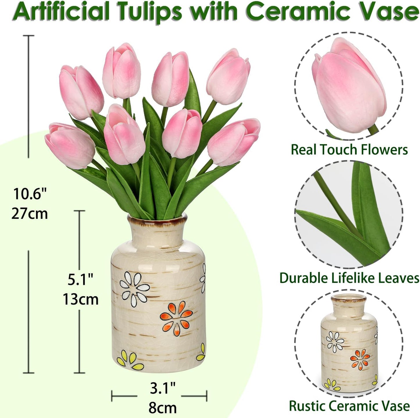 10.6IN Real Touch Artificial Tulips in Ceramic Vase, Faux Tulips Flower Arrangement for Home Office Wedding Party Table Centerpiece Spring Easter Mother's Day Decor, Peach Pink