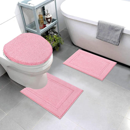 SHACOS 3 Pieces Bath Rugs Set with Toilet Lid Cover Soft Absorbent Bath Mats U Shape Contour Rug Toilet Cover Absorbent Non Slip Machine Washable Plush Bathroom Rug (Pink)