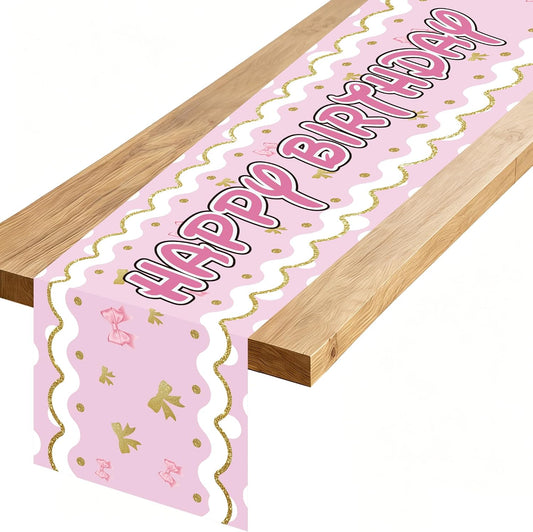 Happy Birthday Table Runner, Pink Gold Bow Polyester Fabric Kitchen Dining Table Decoration for Home Party Decoration, 13x72 Inch
