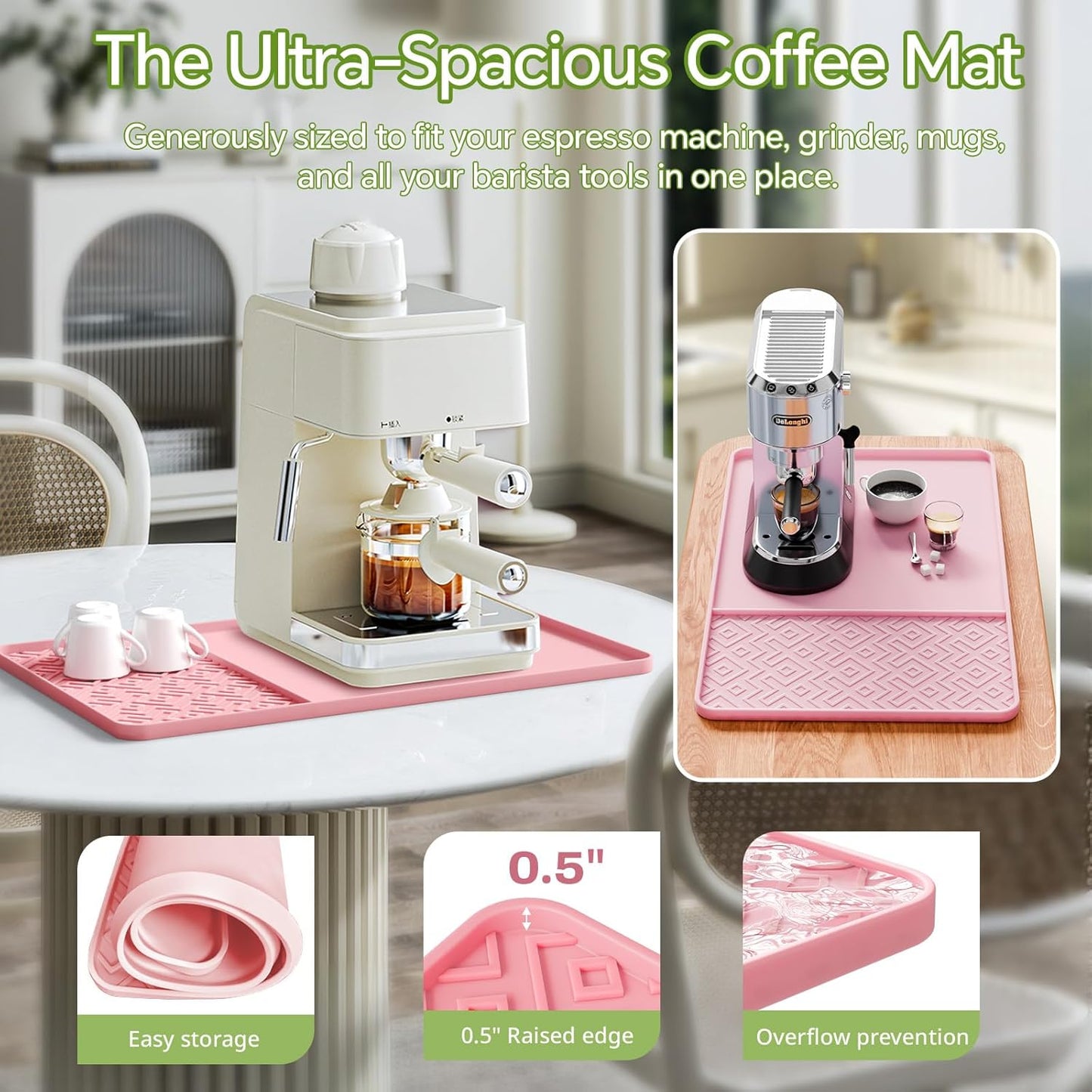 Silicone Coffee Mat with Raised Edges 19" x 12" – Waterproof Countertop Mat, Coffee Maker Pad, Espresso Machine Mat, Heat Resistant Dish Drying Mat