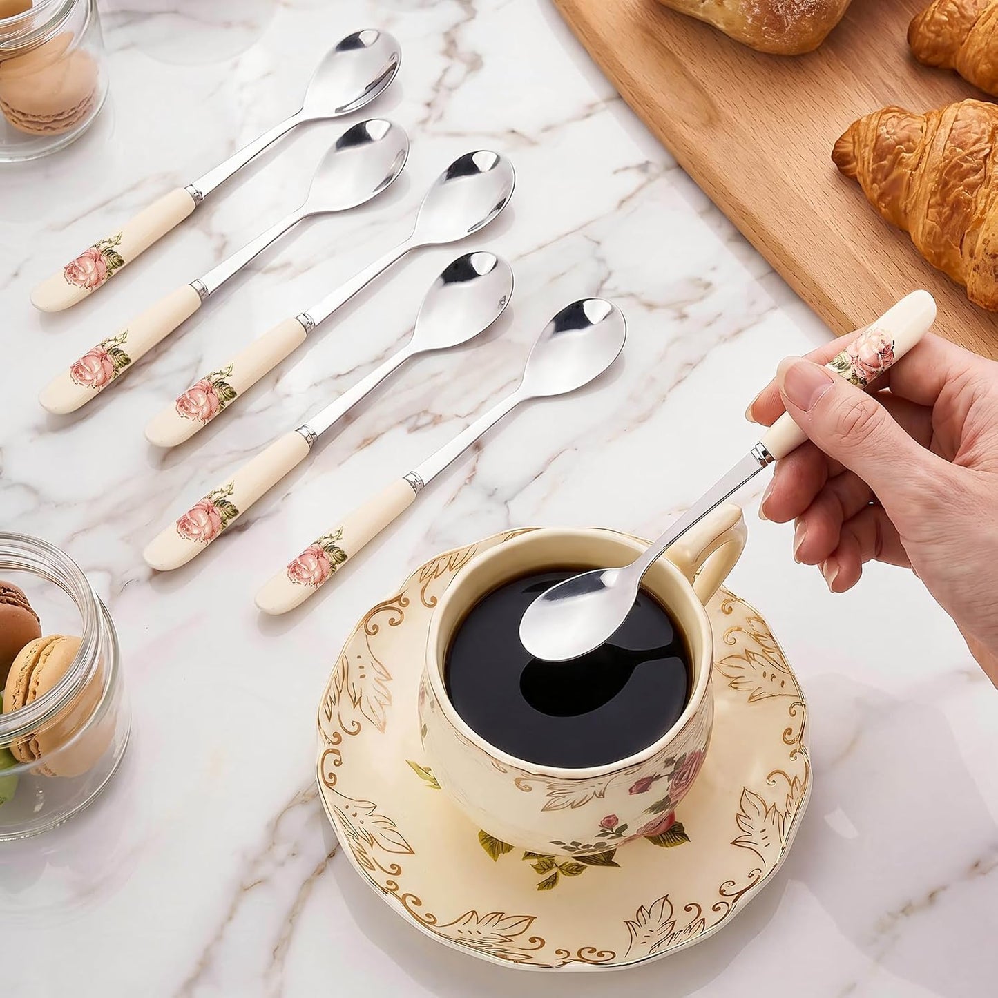YOLIFE 6 Pcs Pink Rose Teaspoons, 6 Inches Stainless Steel with Ceramic Handle Tea Spoons, Small Ivory Vintage Coffee Spoons for Dessert, Sugar, Tea Party