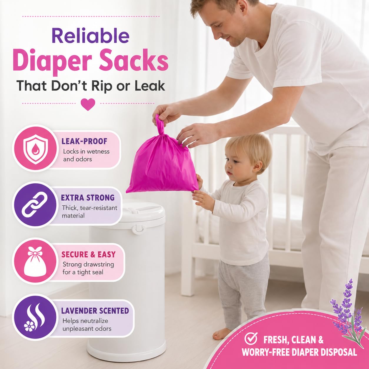 Baby Disposable Diaper Sacks (500 ct.) Lavender Scented, Easy-To-Tie Tabs, Diaper Disposal Pet Waste Bags Bulk Diaper Sacks Dog Poop Bags Cat Waste Bags Sanitary Pads Disposal (500 Bags, Pink)