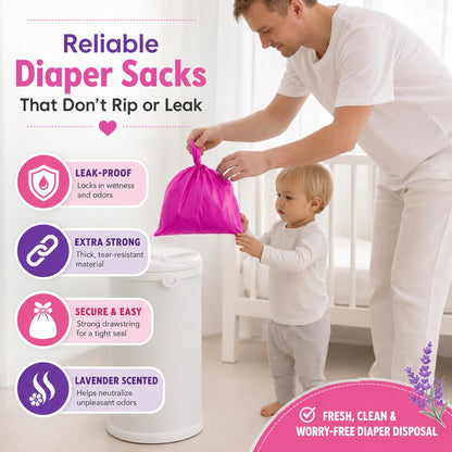 Baby Disposable Diaper Sacks (500 ct.) Lavender Scented, Easy-To-Tie Tabs, Diaper Disposal Pet Waste Bags Bulk Diaper Sacks Dog Poop Bags Cat Waste Bags Sanitary Pads Disposal (500 Bags, Pink)