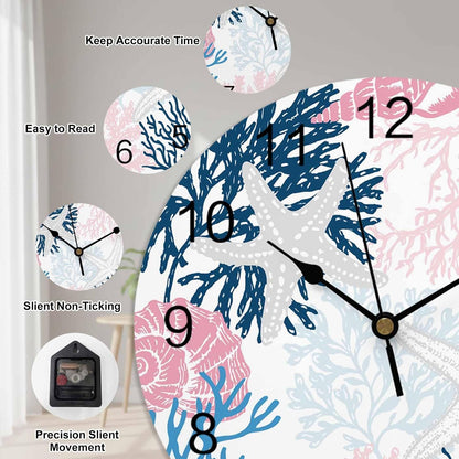 LooPoP Wall Clock Ocean Coral Starfish Clocks PVC Silent Non-Ticking Battery Operated Blue Pink Coastal Shell Conch Round Clock for Home Living Room Kitchen Bedroom Office School Wall Decor 12 Inch