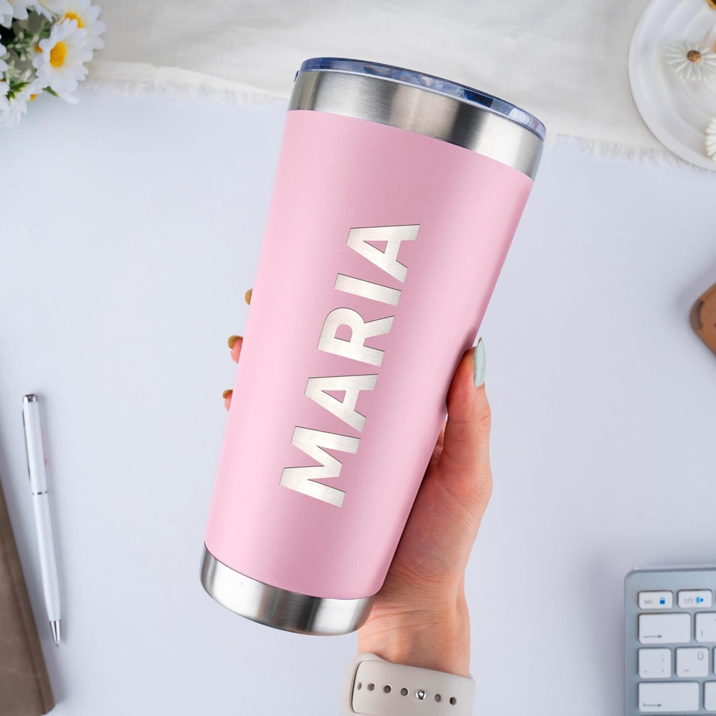 Personalized 30oz Tumbler with Engraved Name | Light Pink Stainless Steel Travel Mug with Slider Lid | Vacuum Insulated Coffee Cup | Custom Gift for Women & Men, Birthday, Christmas