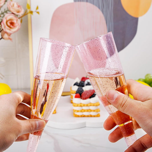 WDF 36 Pack Pink Glitter Plastic Champagne Flutes - 7OZ Disposable Pink Glasses Glitter Champagne Flutes Plastic for Party/Wedding/Birthday/Bridal Shower