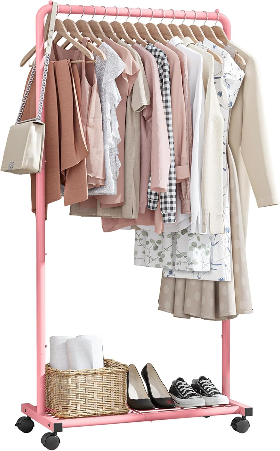 Sakugi Clothes Rack - Clothing Rack with Storage Mesh Shelf & Casters, Heavy-Duty Metal Clothing Rack for Hanging Clothes, Dresses, Coats, Large Load Capacity, Easy Assembly, Pink, 28.0"x16.9"x59.0"