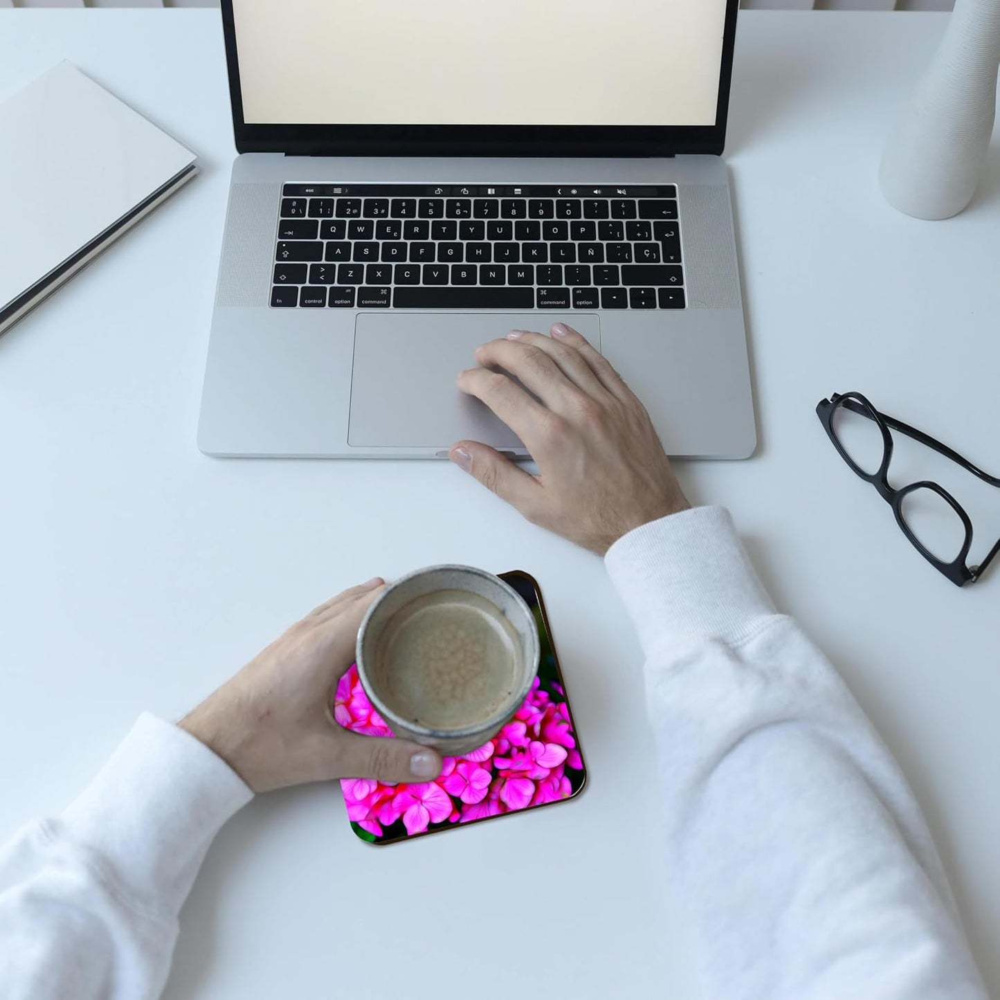 3dRose Pretty Pink Hydrangea Flower with an Image of Light Infusion Painting Set of 8 Coasters - Cork