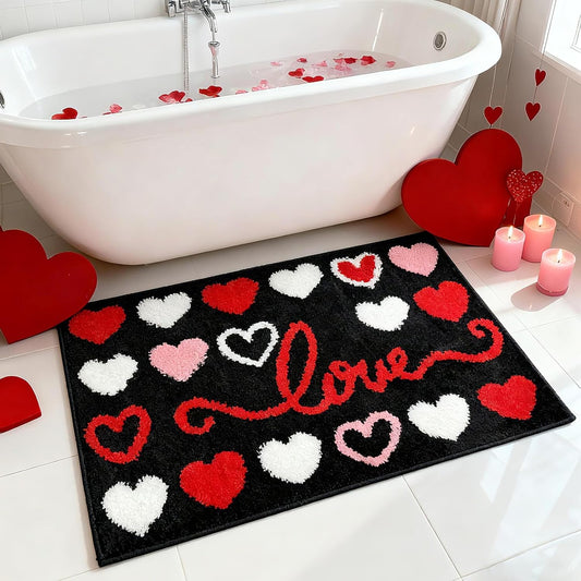 APROPHIC Valentines Bathroom Rugs, Red Pink White Love Heart Valentine Bathroom Tub Mat, Valentine's Day Anniversary Non Slip Absorbent Soft Bath Rug, Festival Door Outdoor Home Decor 20x30 in, Black