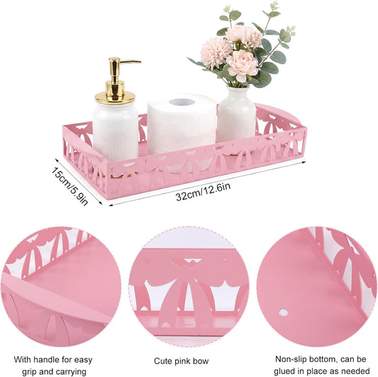 Pink Bow Toilet Paper Basket, Iron Pink Bow Bathroom Storage Organizer Decor with Handle Decorative Preppy Bathroom Holder Storage Accessories for Bedroom Over Toilet