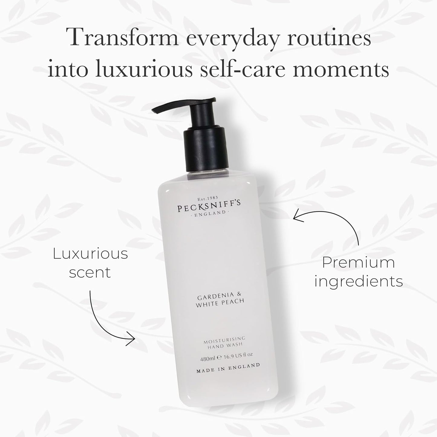 Pecksniff's Hand Wash - Liquid Hand Soap for Soft Skin, Natural, Revitalising, Hydrates and Moisturises, Handcrafted in England, Cruelty Free, Gift of Luxury 480ml/16.2 fl oz (Gardenia & White Peach)