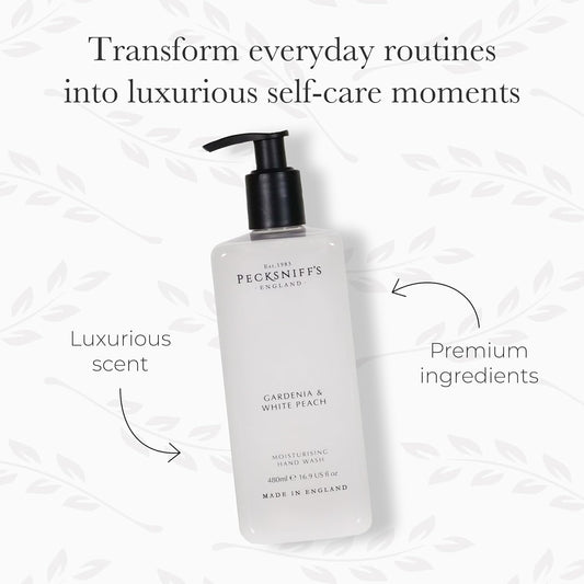 Pecksniff's Hand Wash - Liquid Hand Soap for Soft Skin, Natural, Revitalising, Hydrates and Moisturises, Handcrafted in England, Cruelty Free, Gift of Luxury 480ml/16.2 fl oz (Gardenia & White Peach)