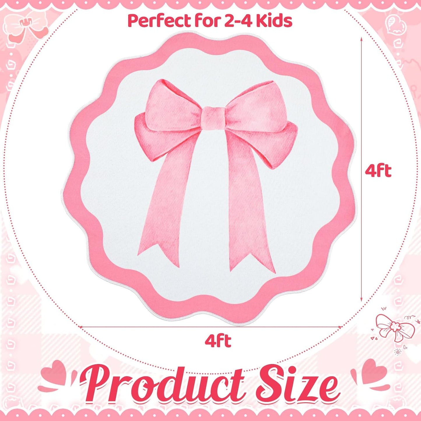 Pink Bow Round Decorative Rug, 4 Ft TPR Circle Accent Mat for Girls' Rooms, Non-Slip Washable Floor Mat for Nursery, Playroom & Bedroom Decor