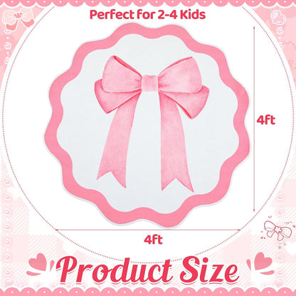 Pink Bow Round Decorative Rug, 4 Ft TPR Circle Accent Mat for Girls' Rooms, Non-Slip Washable Floor Mat for Nursery, Playroom & Bedroom Decor