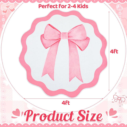 Pink Bow Round Decorative Rug, 4 Ft TPR Circle Accent Mat for Girls' Rooms, Non-Slip Washable Floor Mat for Nursery, Playroom & Bedroom Decor