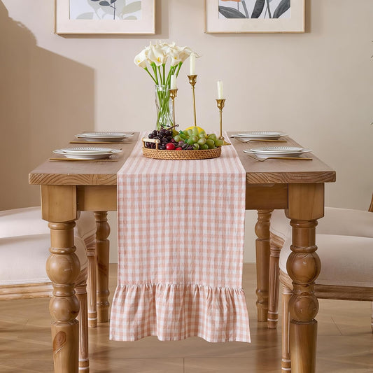 13" x 72" Plaid Gingham Ruffle Table Runner, Pinkish Brown Cotton Checkered Table Runner for Farmhouse, Party, Kitchen Decor