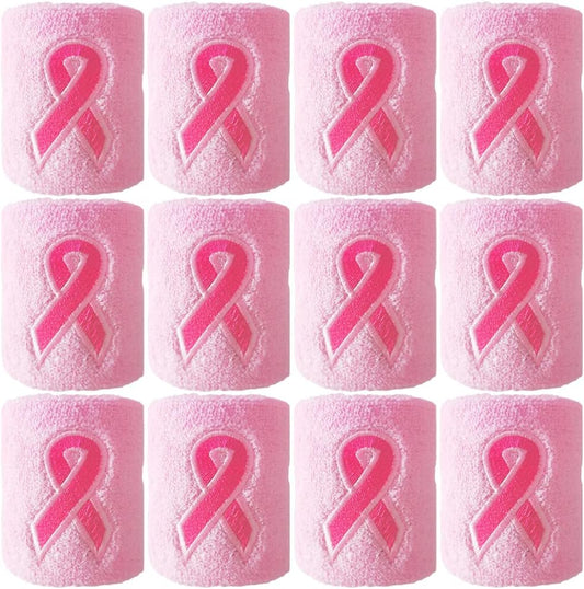 12 Pack Pink Ribbon Wristbands Breast Cancer Awareness Sweatband Wrist Sweat Bands for Women Men Youth Sports Fan Wristbands for Football Baseball Running Athletic