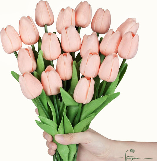 20Pcs Light Pink Tulips Artificial Flowers Real Touch Faux Tulips PU Fake Flowers for Home Decor - Easter Spring Table Arrangement in Vase (Bedroom, Living Room, Kitchen)