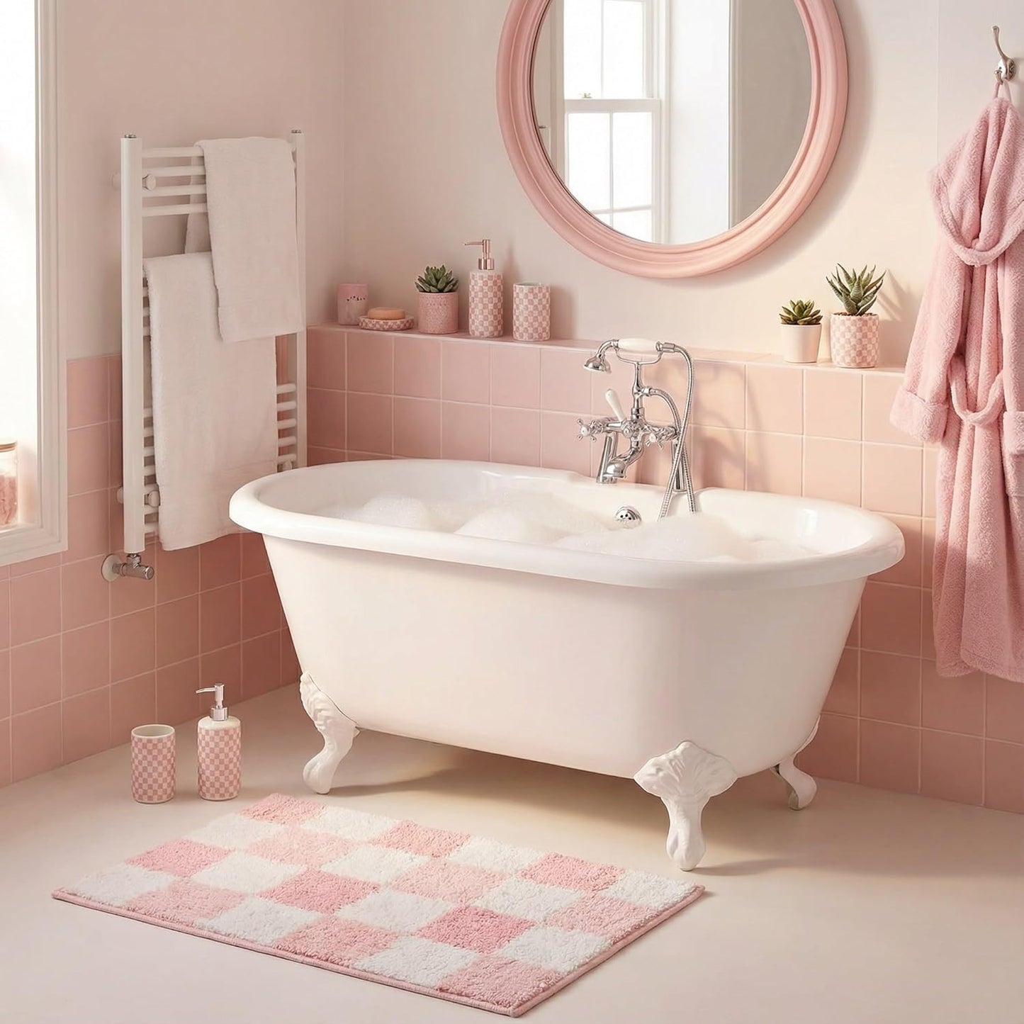 GRANNY SAYS Checkered Pink Bathroom Rugs Decor, 24" x 16", Fluffy Rug, Absorbent Microfiber Ultra Soft Bath Mat Washable, Non-Slip Bath Mats for Bathroom, Cute Floor Mat for Tub, Shower, Bedroom