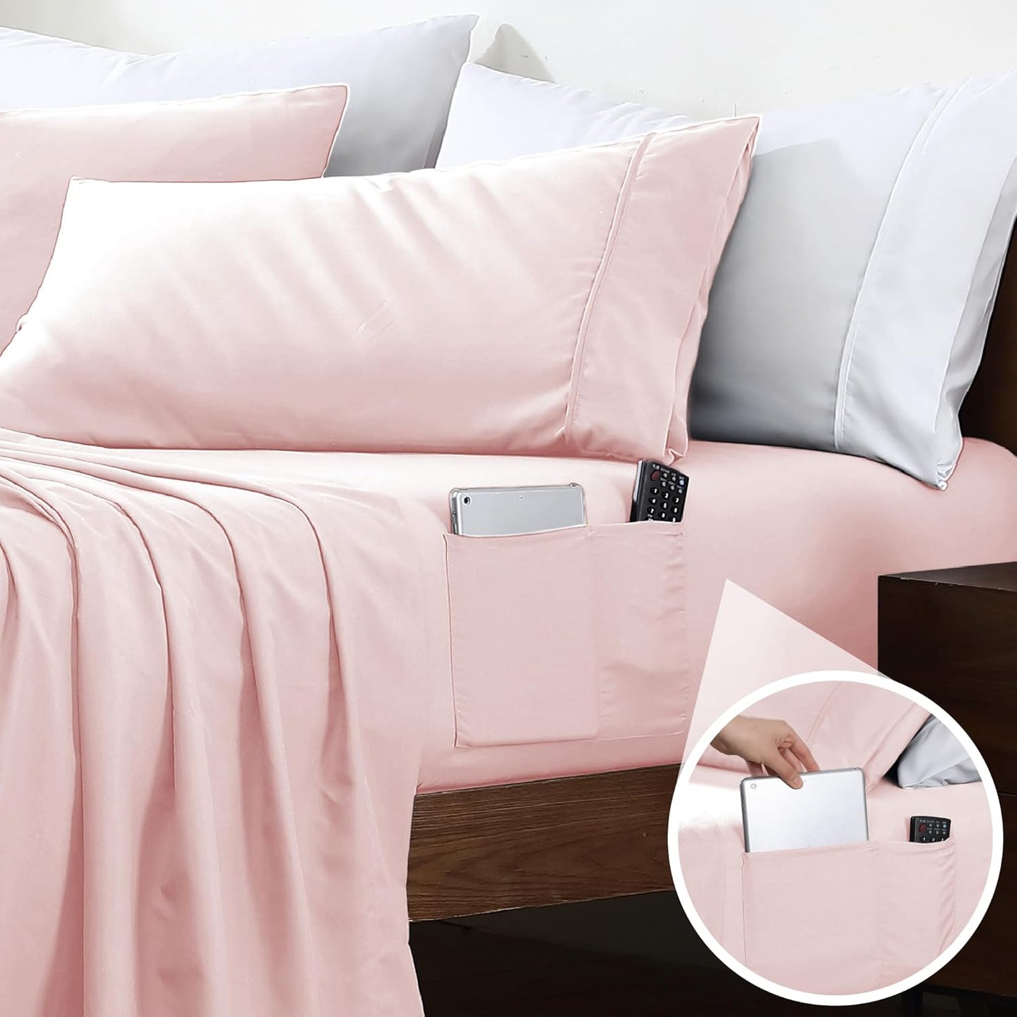 Swift Home Smart Sheets, Ultra Soft Brushed Microfiber 4-Piece Sheet Set, Fitted Bed Sheet with Side Storage Pockets – Blush, Full