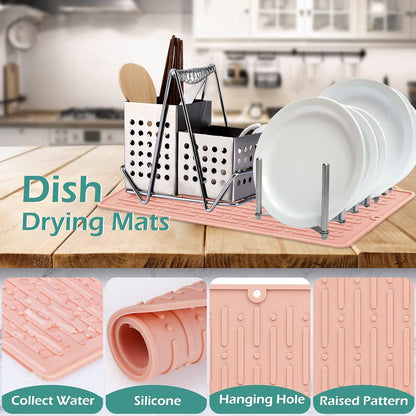 GeeRic Dish Drying Mats, Heat-resistant Silicone Mat for Kitchen Counter, Non-Slip Dish Dry Mat Dishwasher Safe Large, Pink
