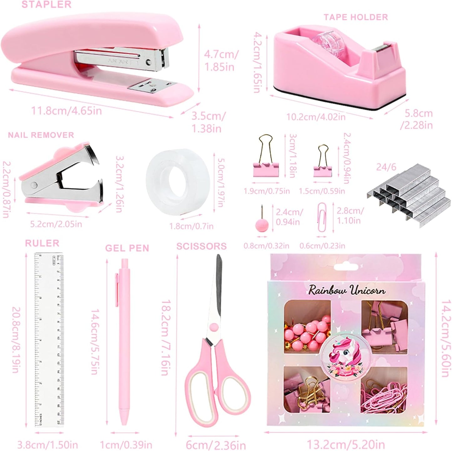 COMFYROOM Pink Desk Accessories with Pen Holder, Pink Office Supplies Desk Organizers and Accessories for women, Tape Dispenser, Stapler, Staple Remover, Staples, Clips Set, Ruler, Scissor, Pen, Tape