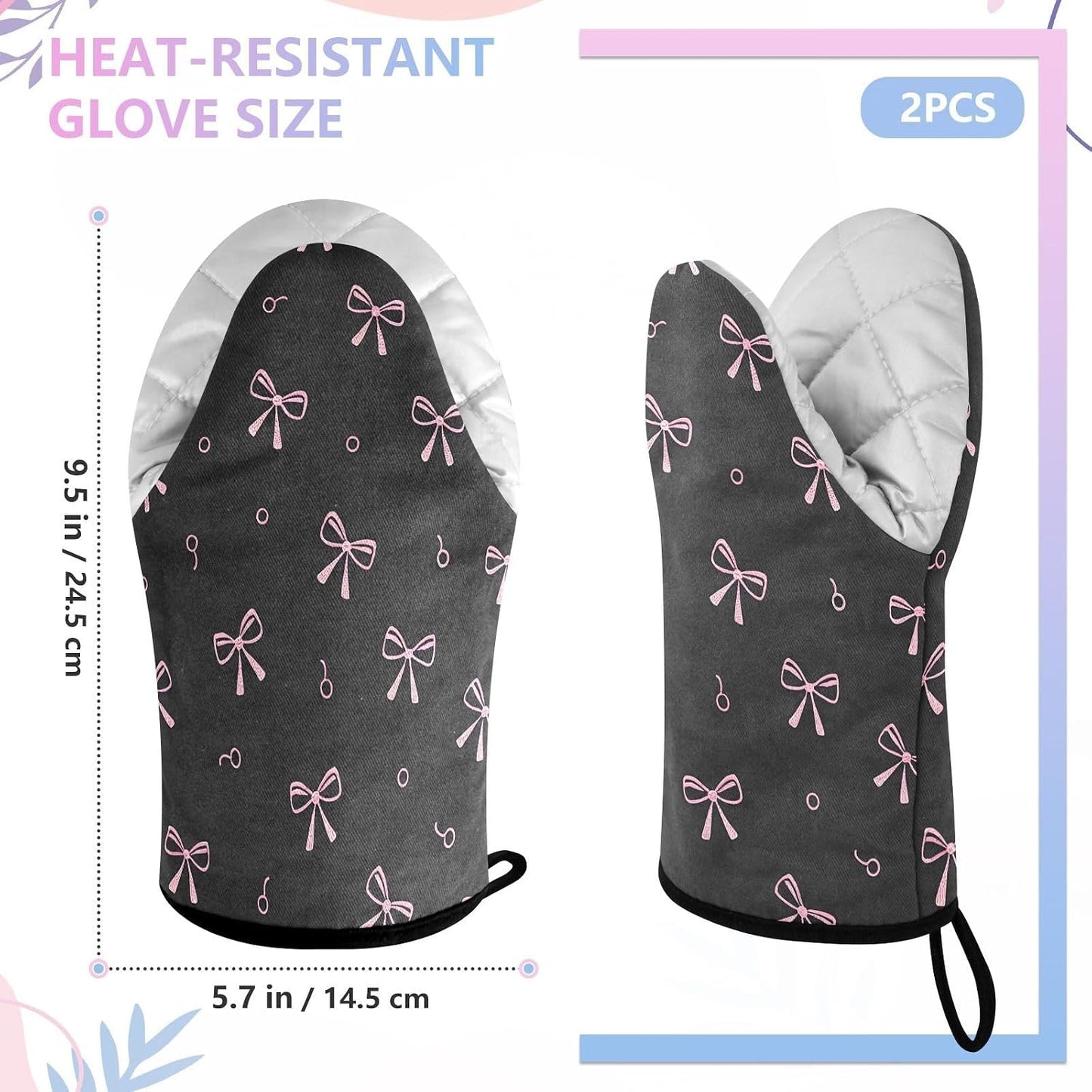 Pink Bows Black Non-Slip Oven Mitts Set Heat Resistant Kitchen Gloves with Quilted Liner Cotton Machine Washable with Hanging Loop for Baking Grilling BBQ