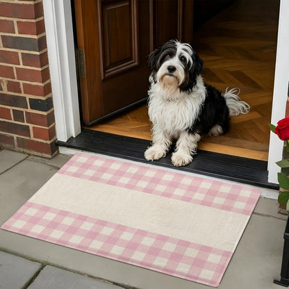 Non Slip Bath Mat for Bathroom Floor Tub, Retro Linen Pink Buffalo Plaid Bathroom Rug Water Absorbent Soft Shaggy Rugs Indoor Doormats Minimalist Checkered Mats,18x30in