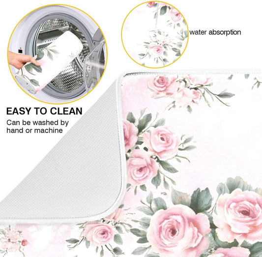 Floral Pink Roses Bouquets Dish Drying Mat for Kitchen Counter Absorbent Microfiber Drying Pad, Medium 16x18 in, Reversible Drainer Mats