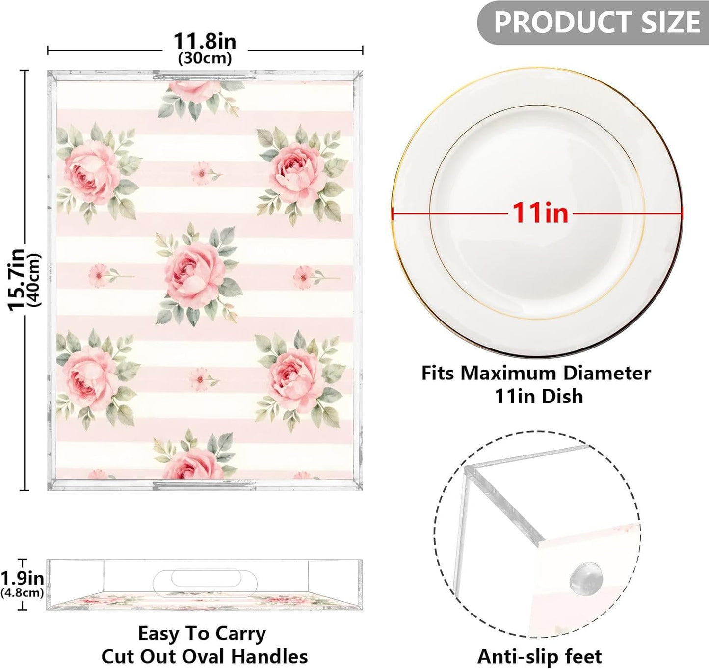 Pink Roses Stripes Serving Tray 12" x 16" Acrylic Trays with Handles Decorative Serving Platter for Coffee, Breakfast in Bed, Dinner, Appetizers, Patio, Party