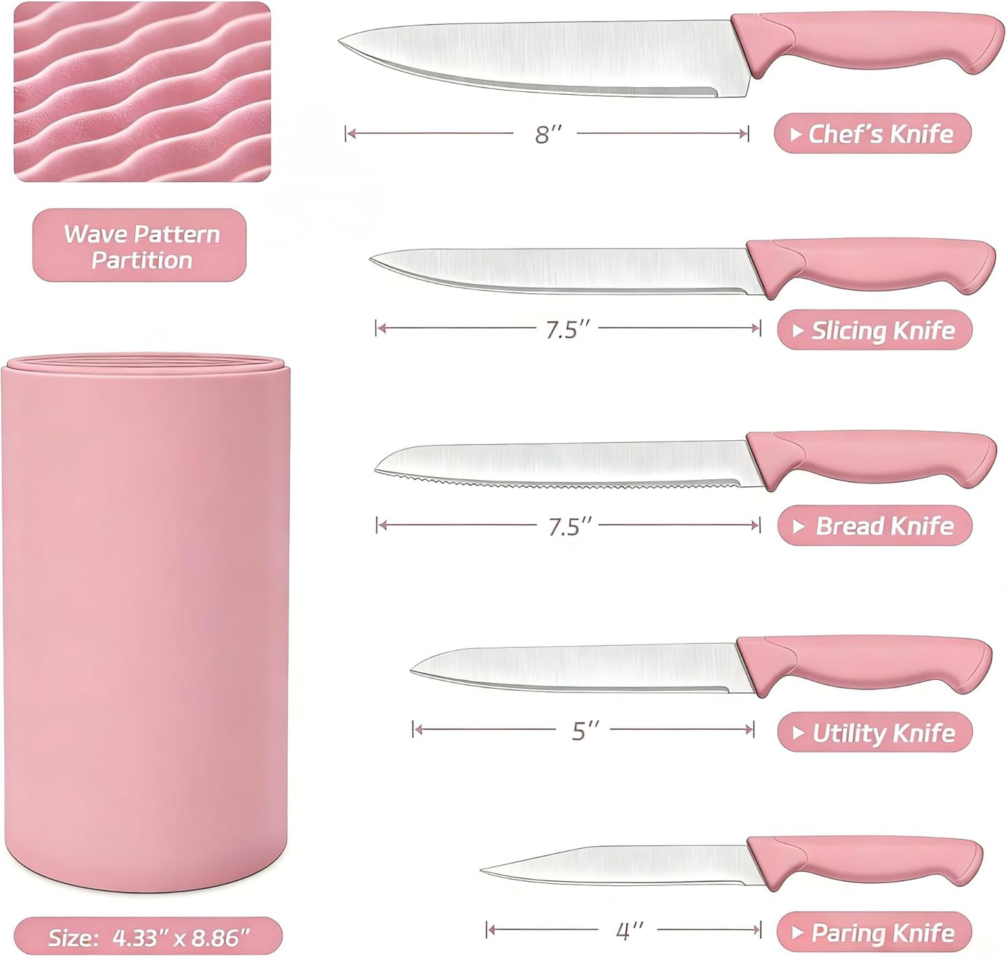 Knife Set, 6-Piece Kitchen Knife Set, German High Carbon Stainless Steel, Durable & Easy Clean Knife Block, Peach Pink