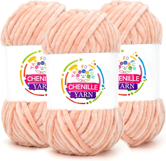 3 Pack Velvet Chenille Yarn for Crocheting,Peach Fluffy Velvet Plush Yarn Thick Soft Chunky Chenille Yarn Baby Blanket Yarn for Crocheting Knitting Beginners(Peach