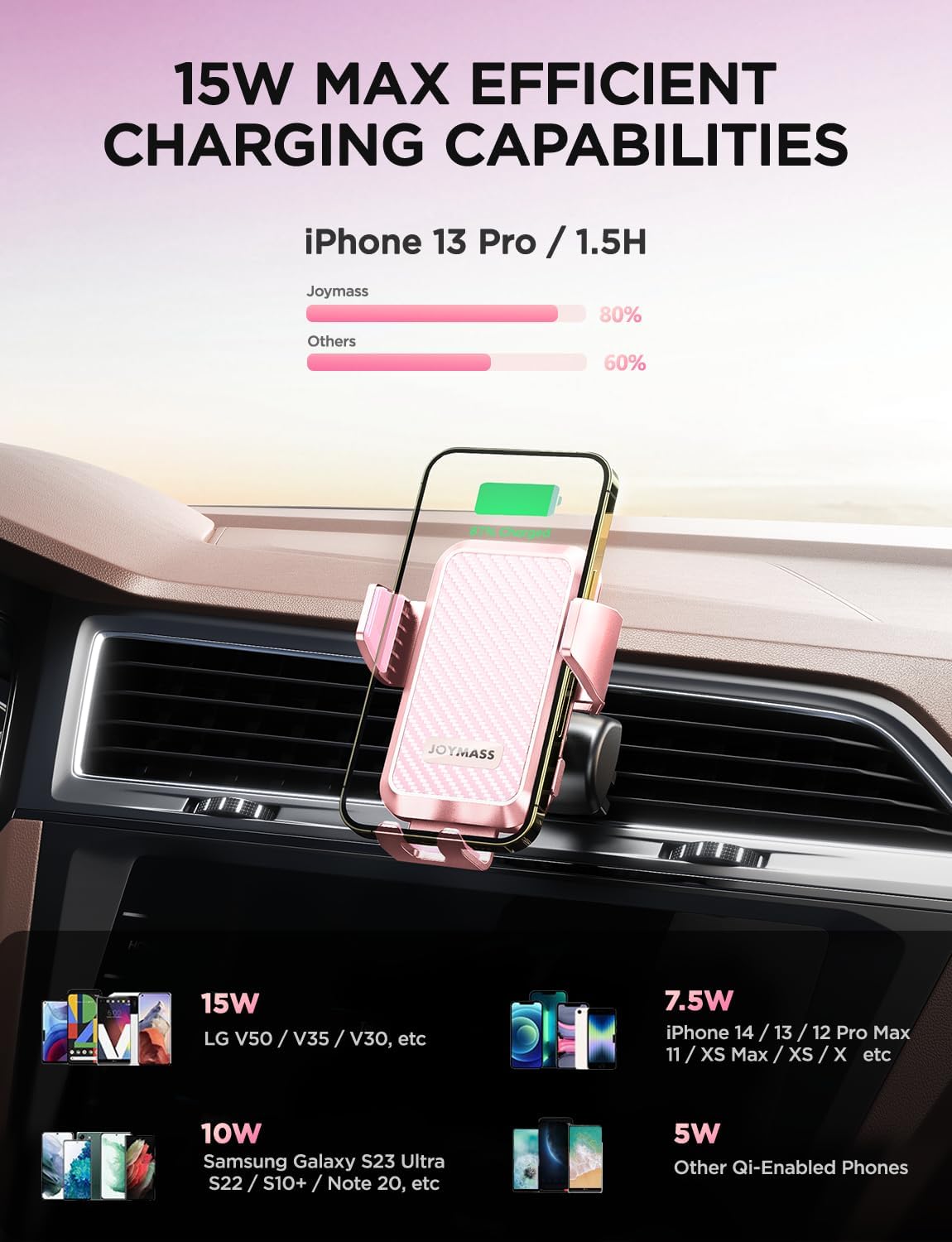 JOYMASS Wireless Car Charger, Phone Holders for Your Car, 15W Auto Clamping Phone Mount Car Accessories for iPhone 16 15 14 13 12 Mini Pro Max 11, Samsung Galaxy S24 Ultra S23 S22+ Note 20, etc-Pink
