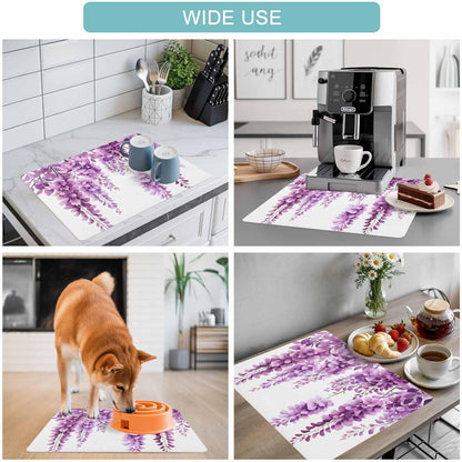 Coffee Mat Wisteria Floral Dish Drying Mat for Kitchen Counter Light Pink Leaf Coffee Bar Mat for Coffee Maker and Espresso Machine, Coffee Station Accessories 18x28in