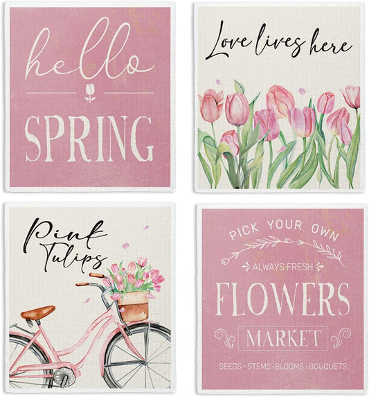 Hello Spring Decor Swedish Dishcloths, Pink Tulips, 4 Pack Reusable Paper Towels, Cotton and Wood Pulp Blend, 6.7 x 7.5 Inches