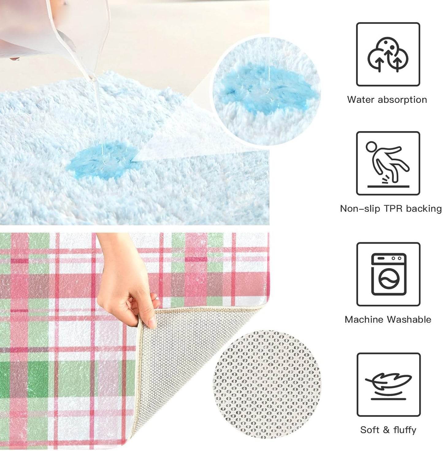 ALAZA Pink Checkered Grid Bath Mat for Bathroom Rugs Rectangle Carpet for Shower, Fluffy Absorbent & Machine Washable